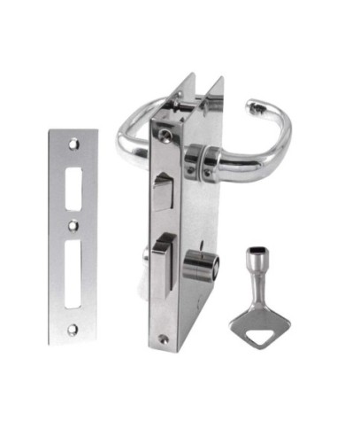 Serratura con blocco girevole da un lato e chiave sblocco dall’altro